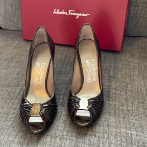 Salvatore Ferragamo Graphite Patent Leather Open Toe Heels.